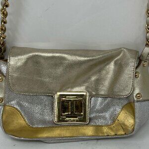 Halston Women's Gold and Silver Leather Inner Pockets Flap Shoulder Purse